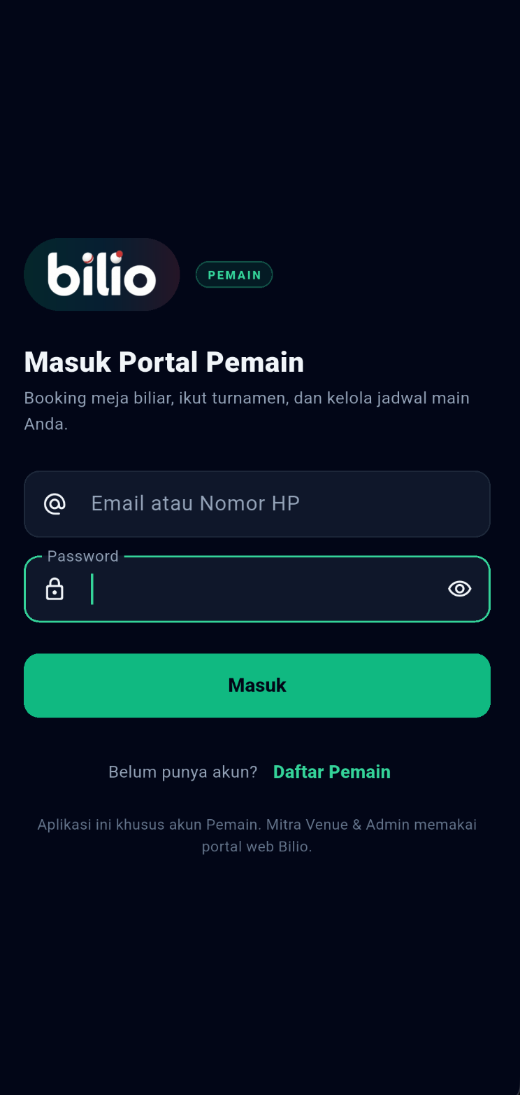 Tampilan aplikasi Bilio di ponsel